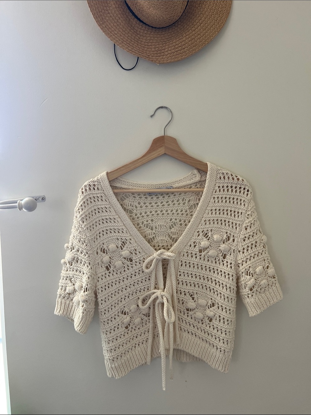 Zara Crochet Tie-Front Knit Top in Cream
